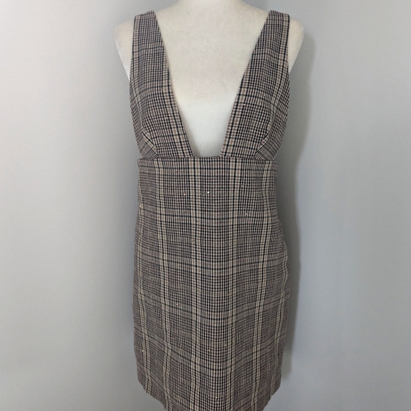 Zara Dress Brown Tan Plaid Pinafore Jumper Mini Dress Sequin Detail Size Medium - Picture 3 of 12